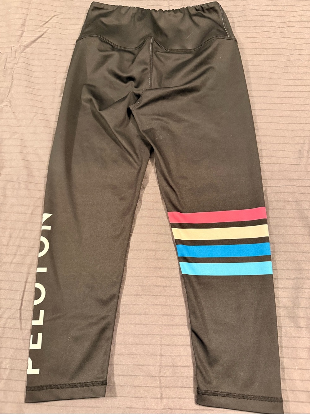 Peloton Black Athletic Leggings with Multi-Color Stripe Detail
